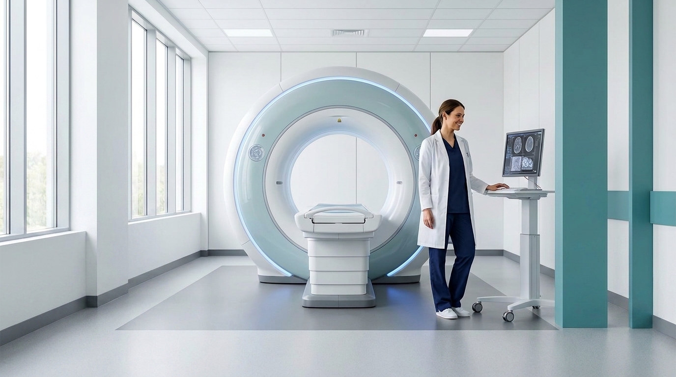 A radiographer at a workstation reviewing scan images beside an MRI scanner